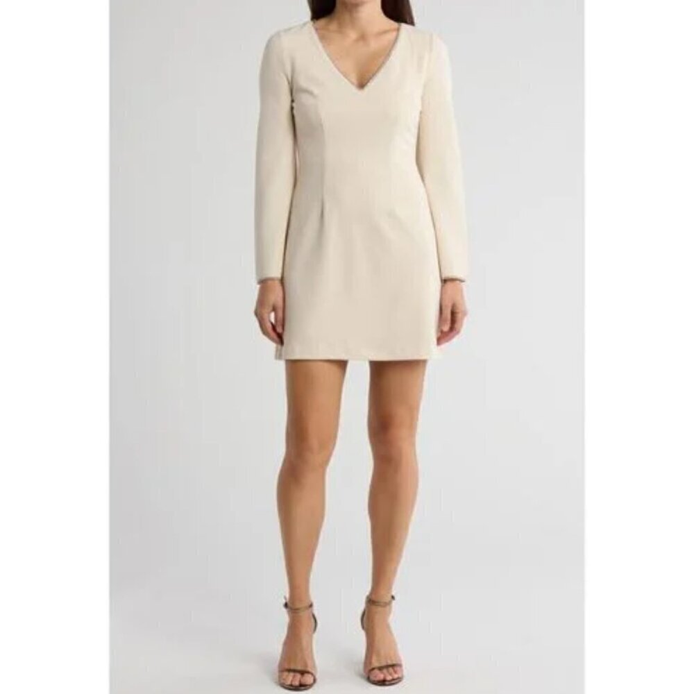 NWT DONNA MORGAN MAGGY LONDON Rhinestone Trim Cocktail Minidress Horn Beige 4